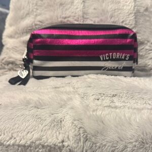 Victoria's Secret Metallic Pink and Black Striped Cosmetic Bag